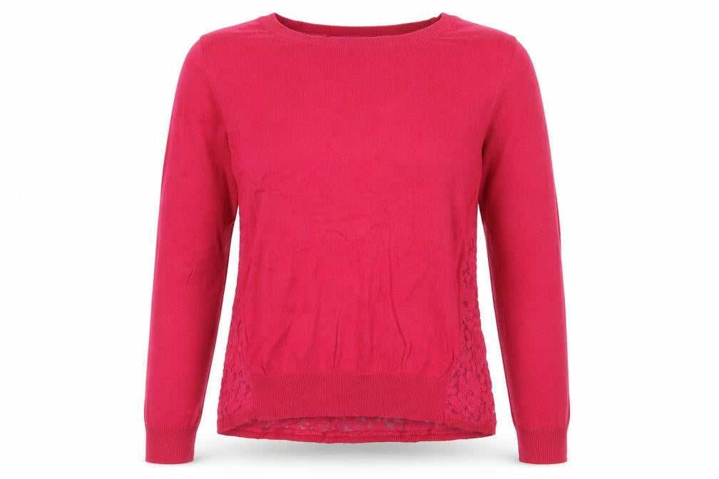 Front view of Miss Selfridge Women's Pink jumper, size 6, with Lace Accents