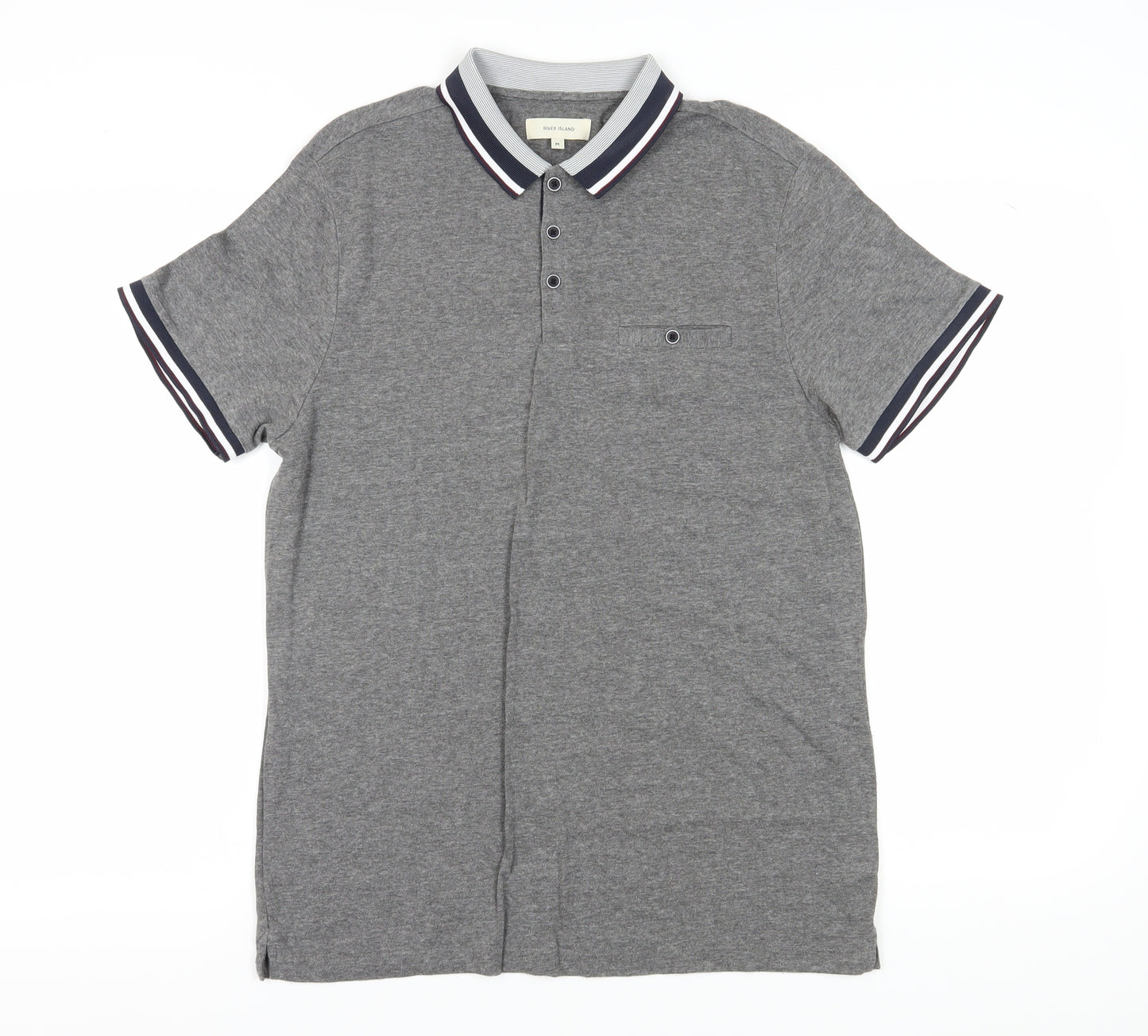 River Island Men's Grey Polo Shirt Medium