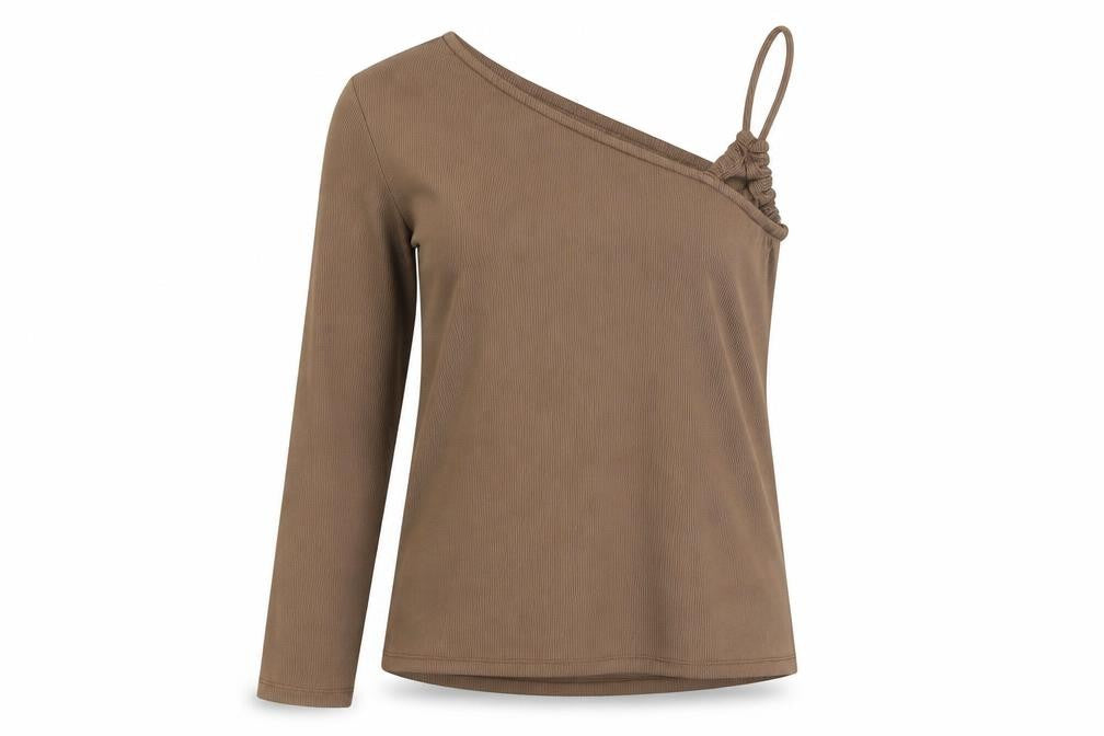 Front view of Mango Women's Brown One Shoulder Blouse, size 14