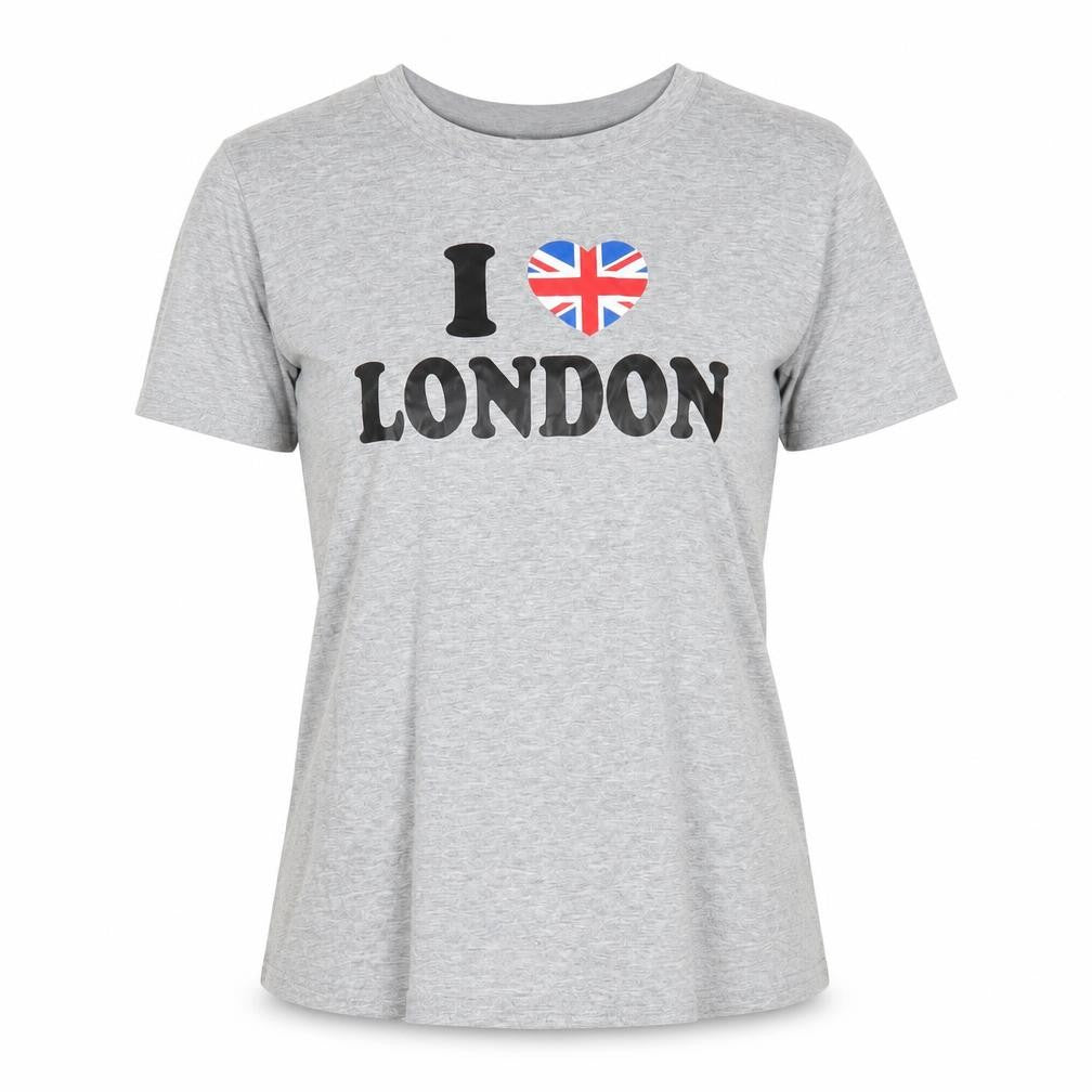 Front view of Gildan unisex grey t-shirt, london theme, size S