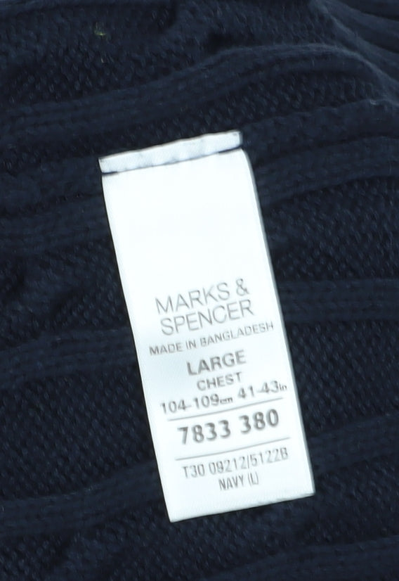 Marks and Spencer Men's Blue Cable-Knit Jumper, Size L