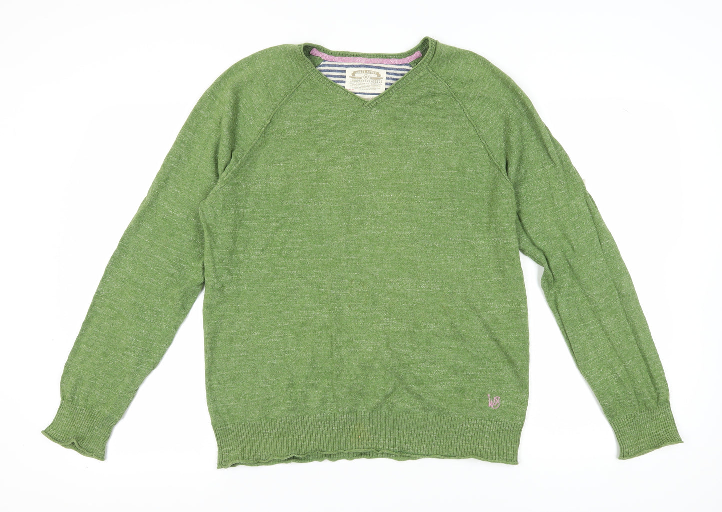 White Stuff Men's Green Cotton V-Neck Pullover Jumper L