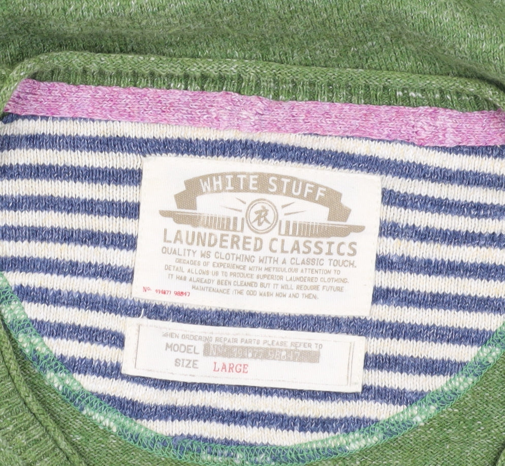 White Stuff Men's Green Cotton V-Neck Pullover Jumper L