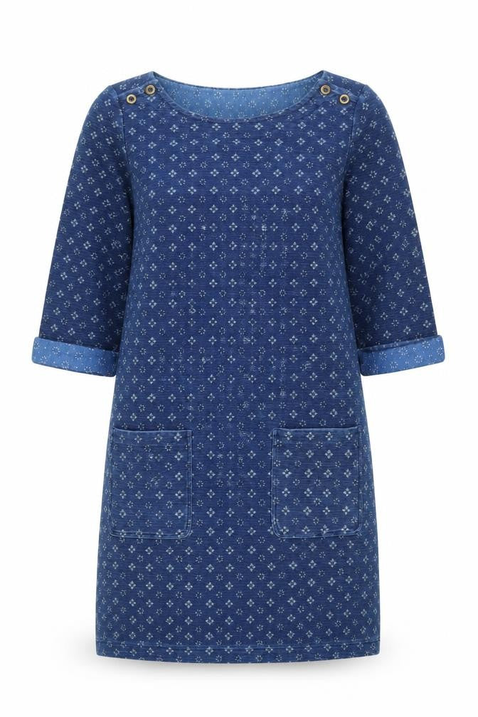 Front view of White Stuff Women's Blue 3/4 Sleeve Shift Dress