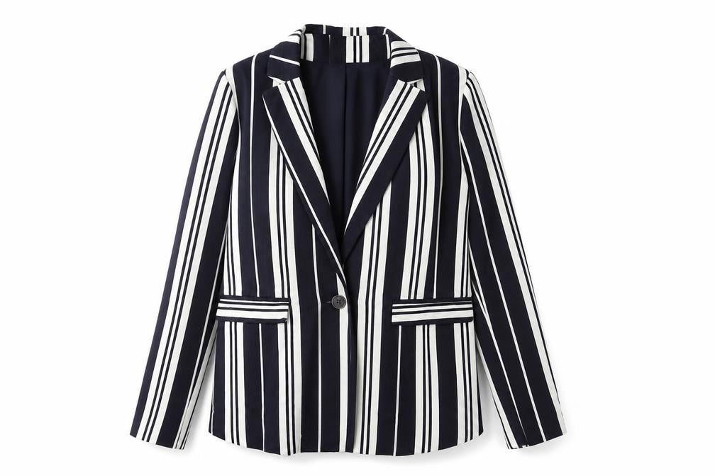 Front view of Next Women's Blue Striped Blazer, size 10, Classic Style