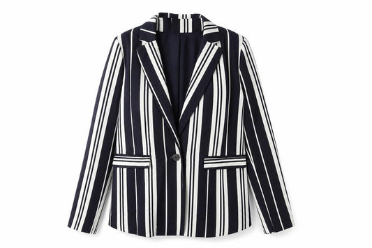 Front view of Next Women's Blue Striped Blazer, size 10, Classic Style