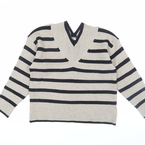 Next Women's Beige Striped V-Neck Pullover - Size 12