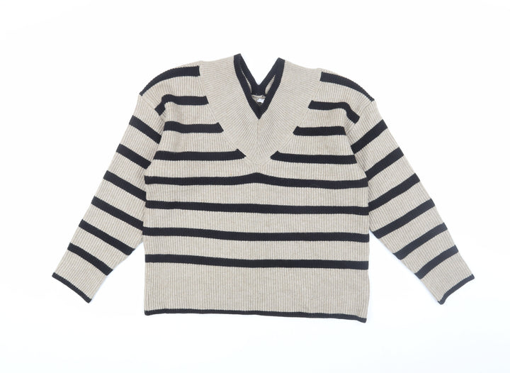 Next Women's Beige Striped V-Neck Pullover - Size 12