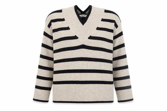 Front view of Next Women's Beige Striped V-Neck Pullover -, size 12