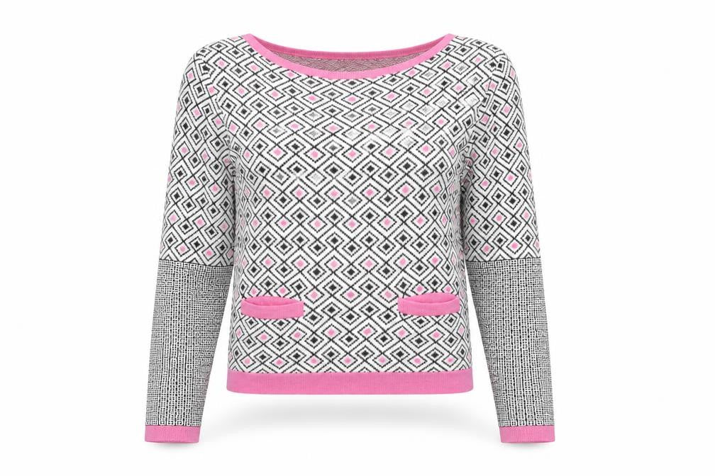 Front view of Love Label Women's Pink Geometric jumper, size 10