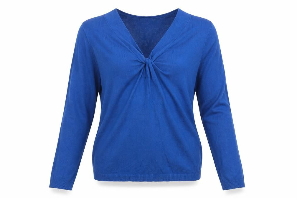 Front view of John Lewis Women's Blue V-Neck jumper, size 12