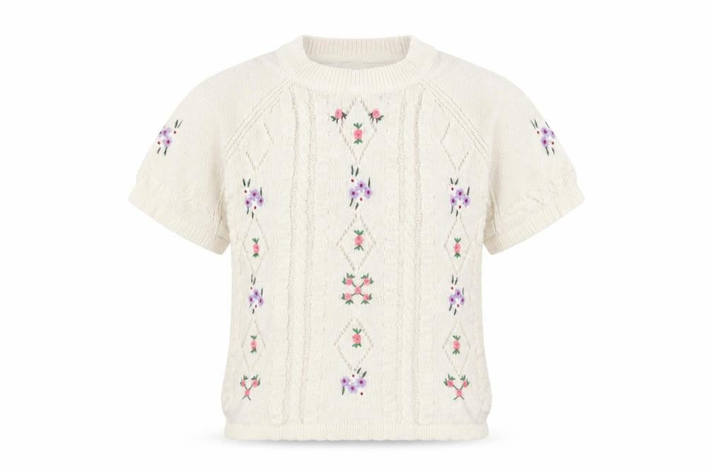 Front view of Cider Women's Ivory L Embroidered Knit T-Shirt