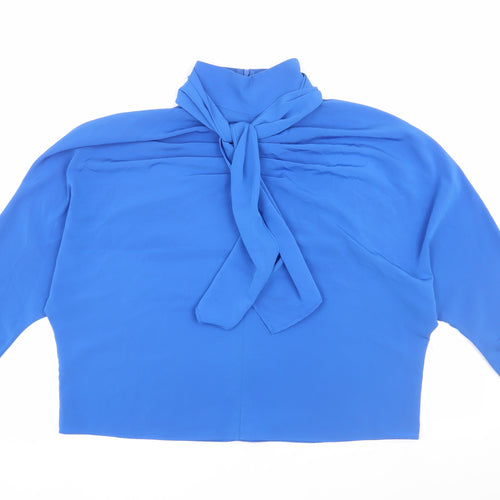 Zara Women's Blue High Neck Blouse, Size 2, Bow Accent