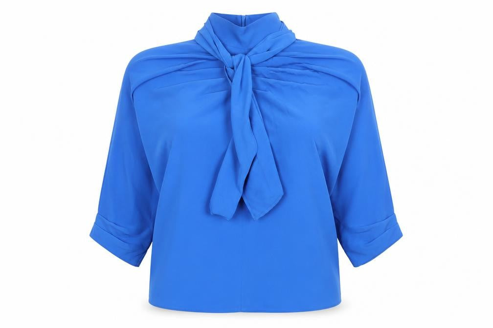 Front view of Zara Women's Blue High Neck Blouse, size 2, Bow Accent