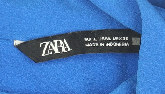 Zara Women's Blue High Neck Blouse, Size 2, Bow Accent