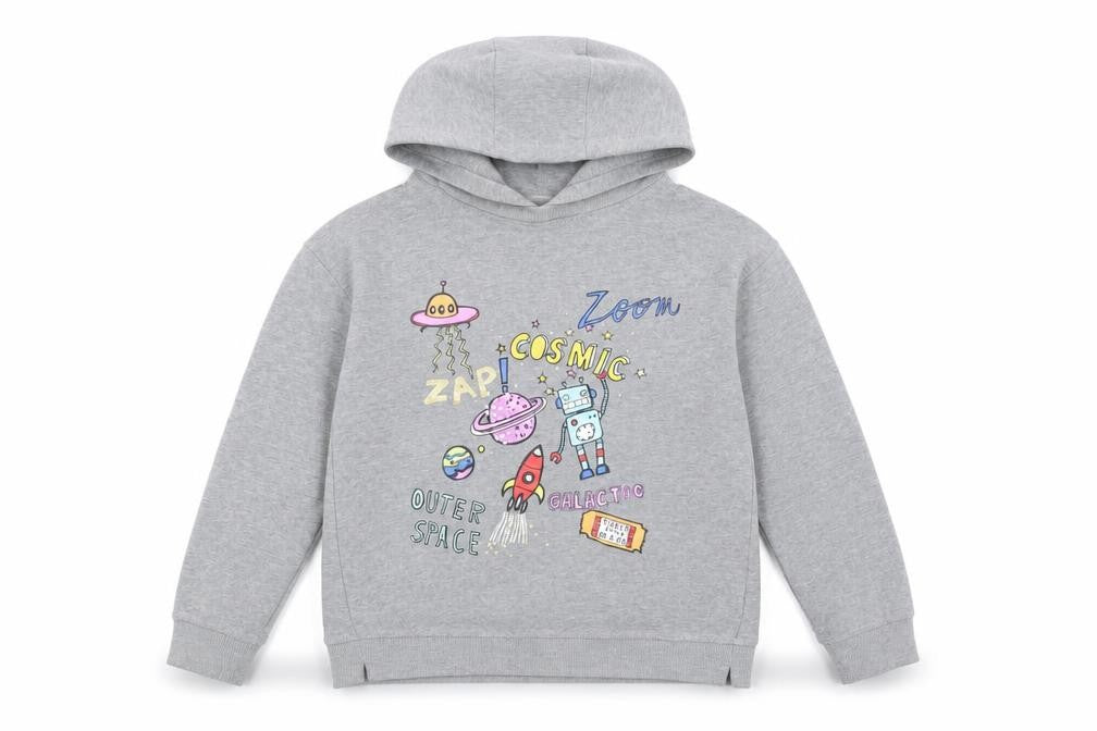 Front view of Next boys’ grey pullover hoodie, 10 years, space theme