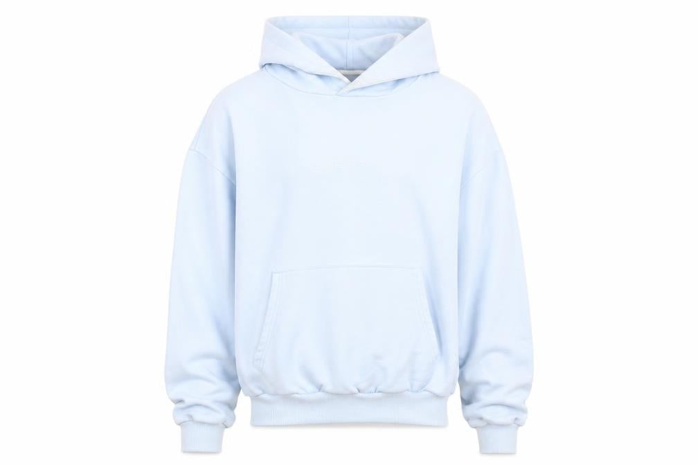 Front view of boohooMAN Men's Blue Pullover Hoodie, M, Regular Fit