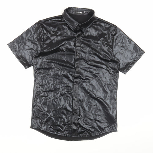 JOGAL Men's Black Short Sleeve Button-Up Shirt, Size M