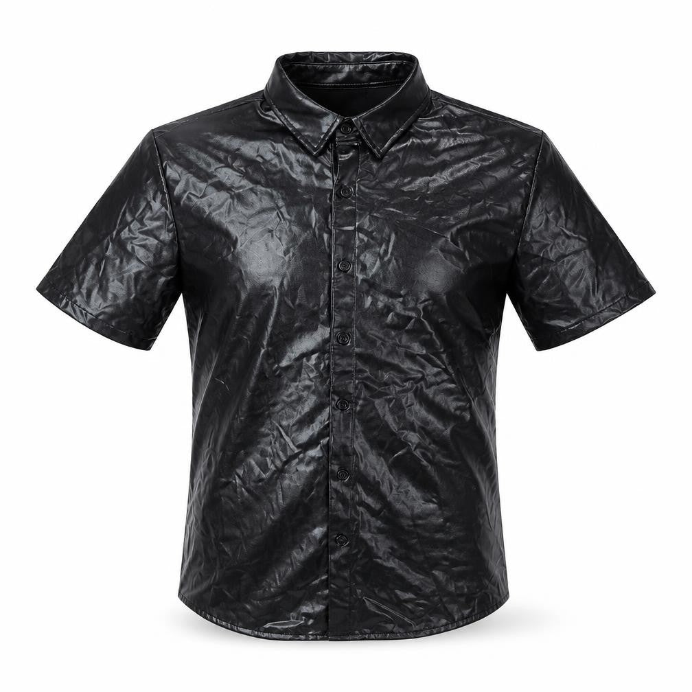 Front view of JOGAL Men's Black Short Sleeve Button-Up Shirt, size M