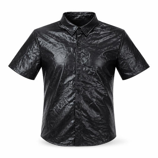 Front view of JOGAL Men's Black Short Sleeve Button-Up Shirt, size M