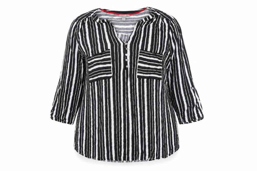 Front view of C&A Women's Striped Black Tunic Blouse, size 16