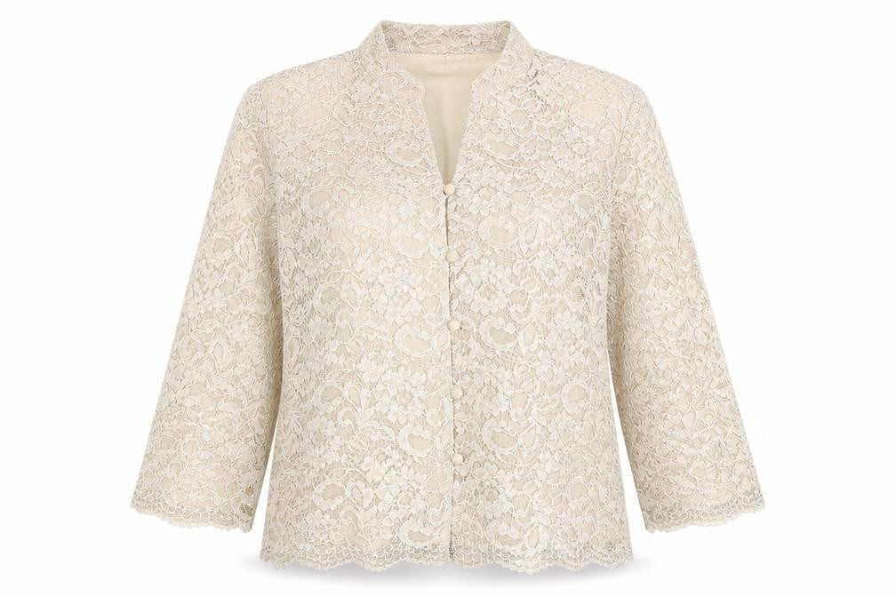 Front view of Eastex Women's Beige Lace Blouse, size 10