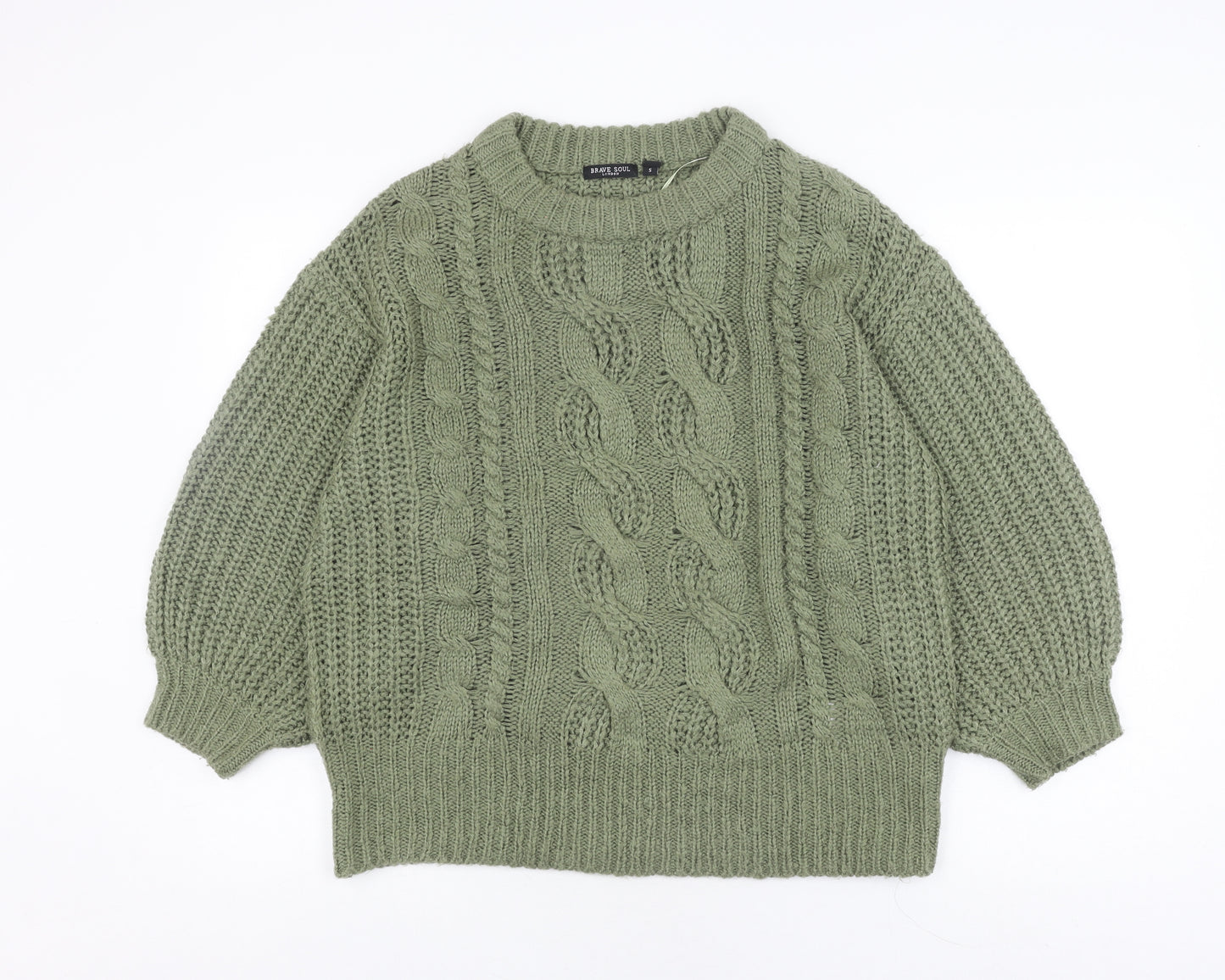 Brave Soul Women's Green Cable-Knit Pullover Jumper, S