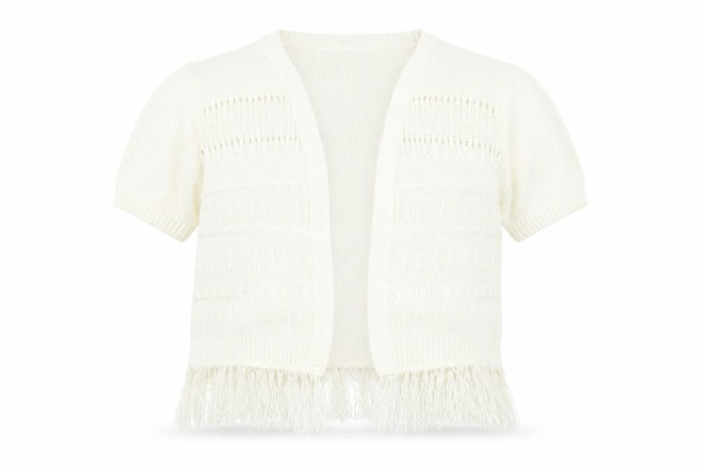 Front view of Isle Women's Ivory Open-Knit Cardigan Fringe L