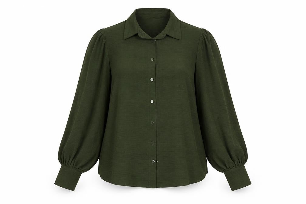 Front view of Apricot Women's Green Button-Up Balloon Sleeve Shirt