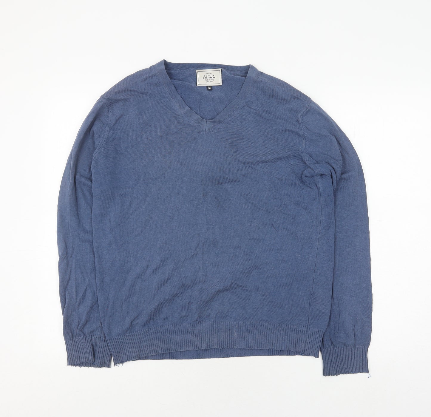 John Lewis Men's Blue Cotton Cashmere V-Neck Pullover