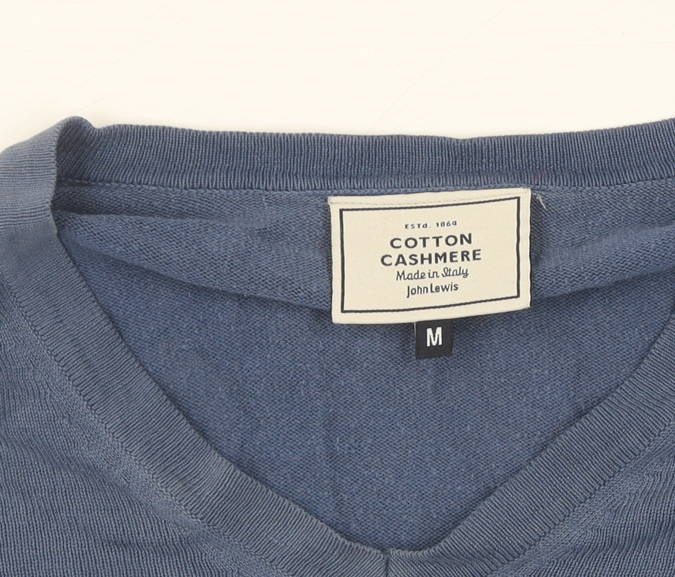 John Lewis Men's Blue Cotton Cashmere V-Neck Pullover