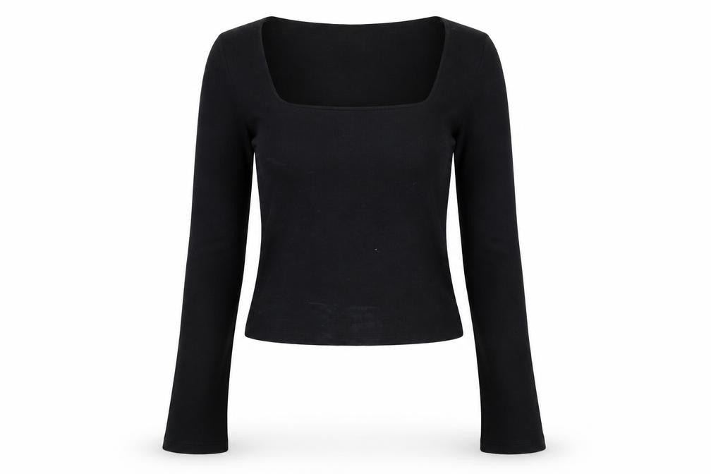 Front view of Collusion Women's Black Cropped Long Sleeve T-Shirt