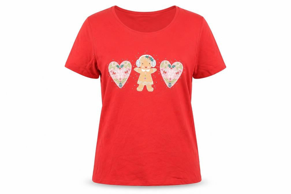 Front view of AVON Women's Red T-Shirt, Christmas Graphic, size S