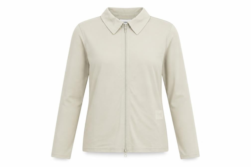 Front view of Weekday Beige unisex long sleeve zip button-up m