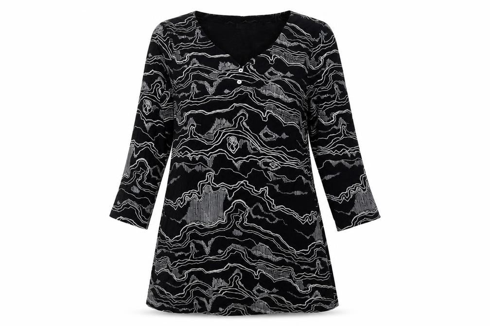 Front view of Adini Women's Black Tunic, size S, 3/4 Sleeve Geometric
