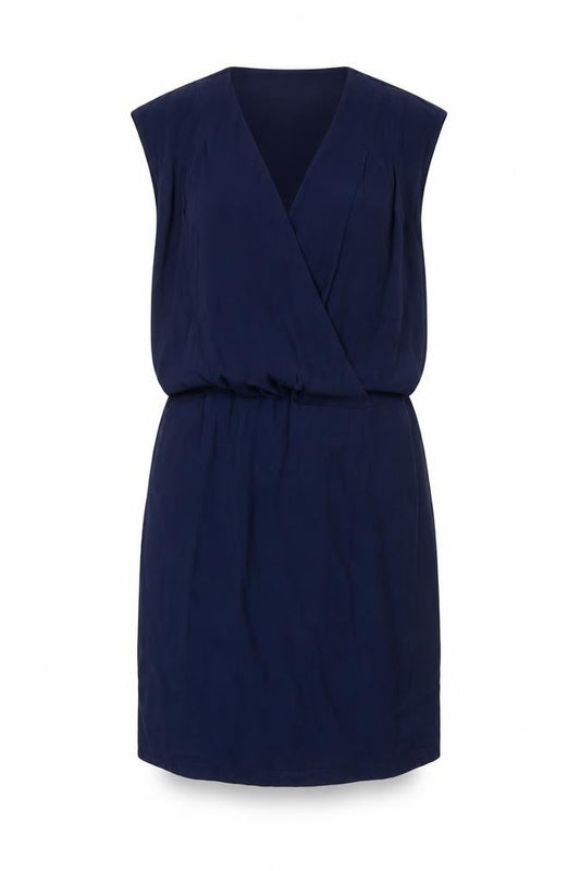 Front view of Warehouse Women's Navy Sleeveless Wrap Dress -, size 10