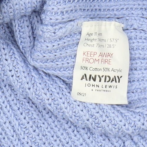 John Lewis Girls Blue Pullover Jumper, Size 11, Cotton Blend