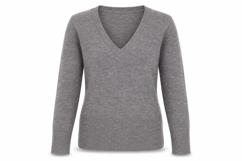 Front view of Topshop Women’s Grey V-Neck jumper, size UK 8