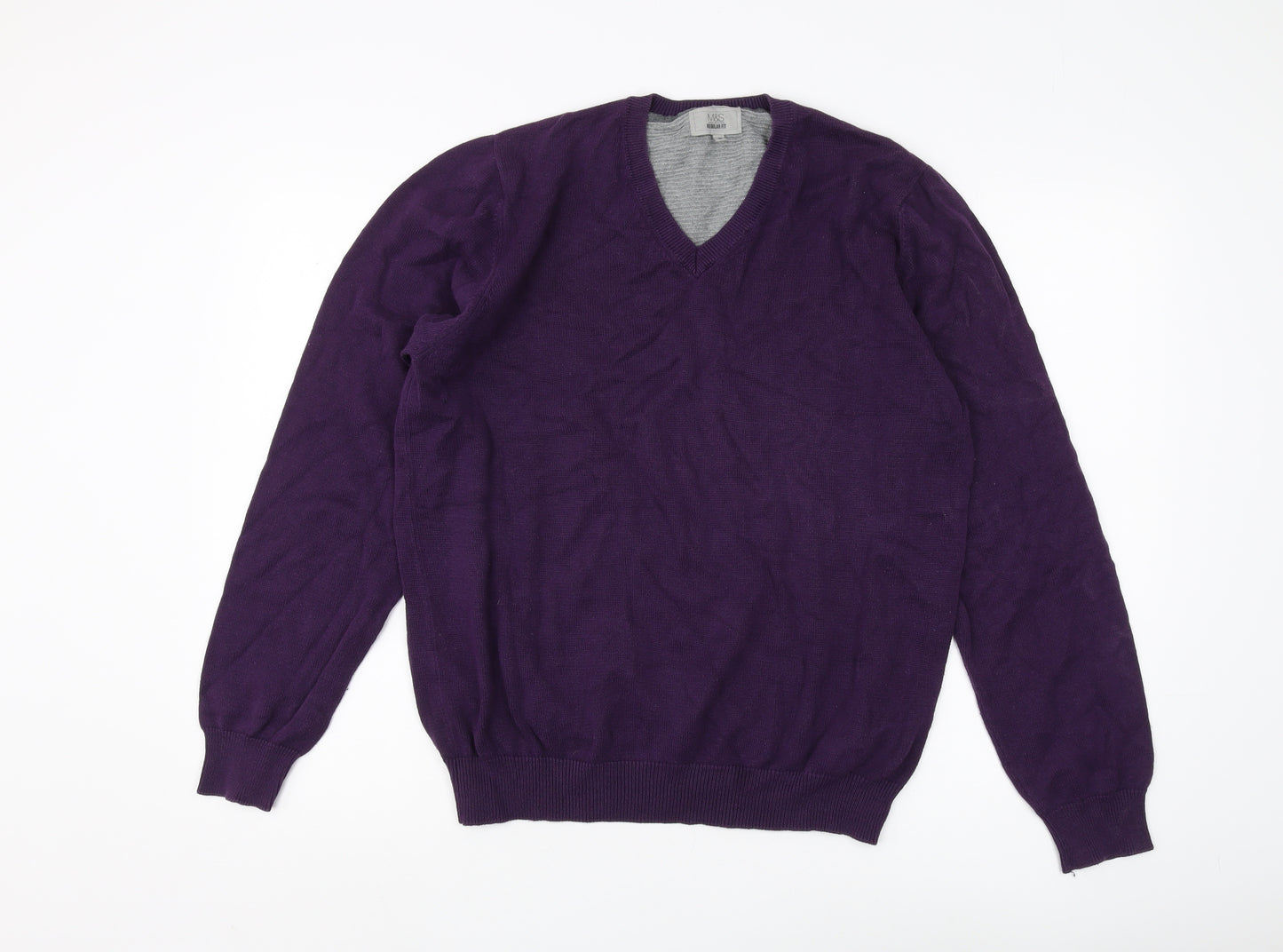Marks & Spencer Men's Purple V-Neck Cotton Pullover M