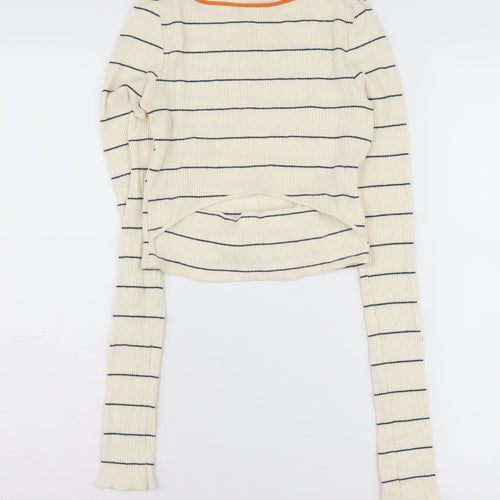 Zara Women's Ivory Striped Long Sleeve T-Shirt M