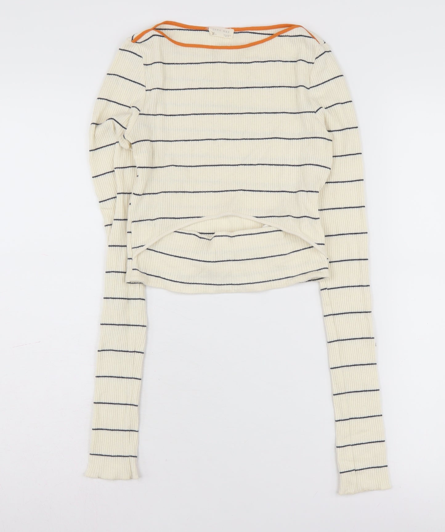 Zara Women's Ivory Striped Long Sleeve T-Shirt M