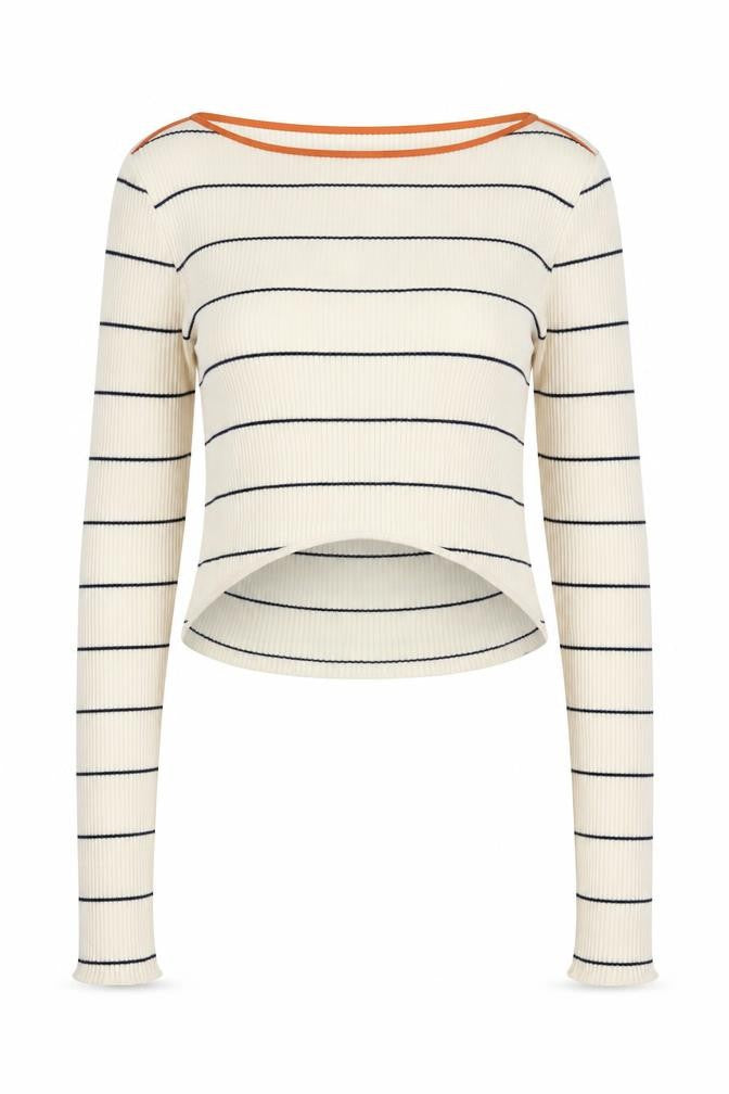 Zara Women's Ivory Striped Long Sleeve T-Shirt M