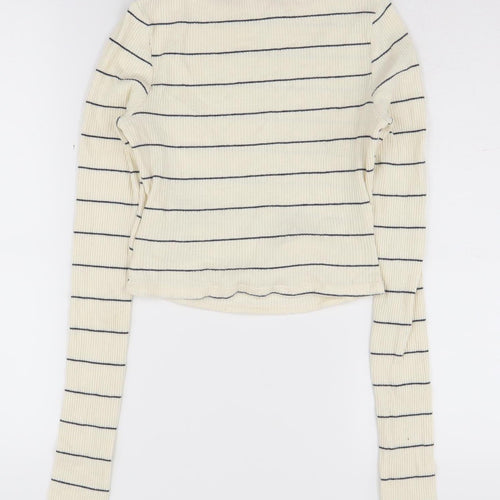 Zara Women's Ivory Striped Long Sleeve T-Shirt M