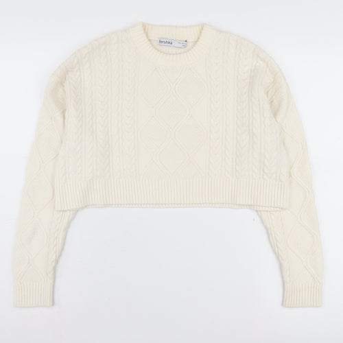 Bershka Women's Ivory Cable-Knit Pullover Jumper XS
