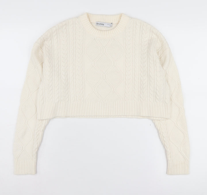 Bershka Women's Ivory Cable-Knit Pullover Jumper XS