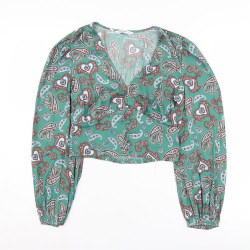Stradivarius Women's Green Paisley Cropped Blouse