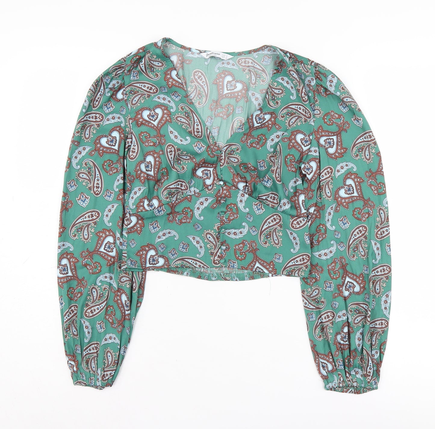 Stradivarius Women's Green Paisley Cropped Blouse