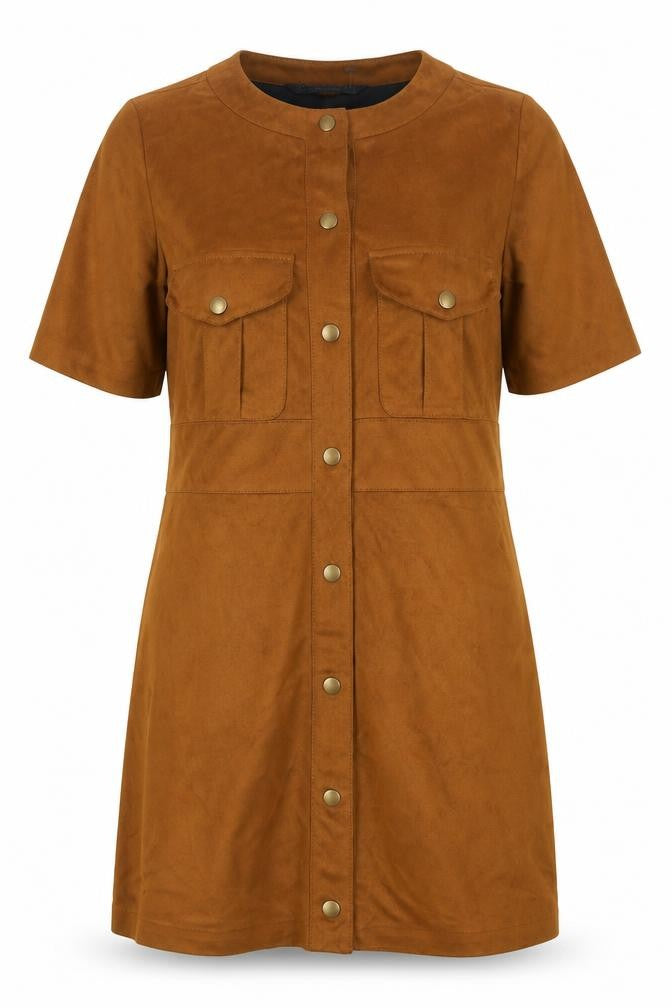 Front view of Zara Women’s Brown Button Shift Dress, size M