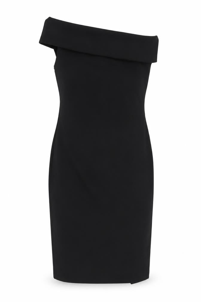 Front view of PRETTYLITTLETHING Women's Black Off Shoulder Sheath Dress, size 12