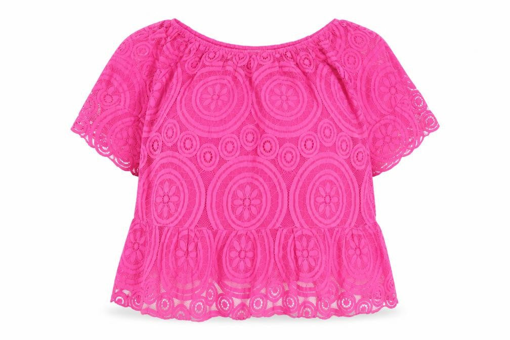 Front view of Mudflower Women's Pink Lace Blouse Short Sleeve